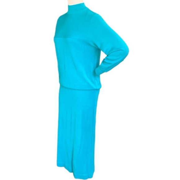VTG 70s Schrader Knit Dress Long Sleeve Mock Neck Teal Green Sz 8 #87i - Picture 4 of 7
